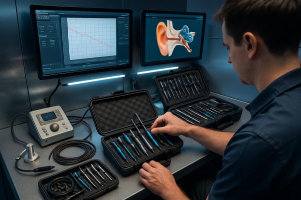 dynamic audiologist tools, interactive, technician organizing equipment, photorealistic, lab station with digital displays and toolkits, highly detailed, ambient electronic sounds, wide shot with clarity, metallic blues and silvers, ambient LED lighting, shot with a 24mm wide-angle lens.