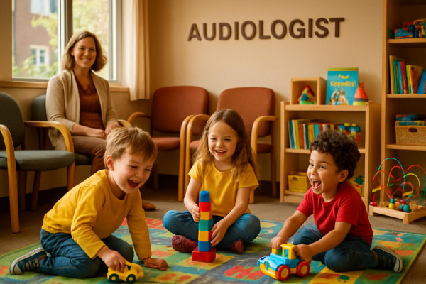 cozy audiologist clinic, warm, children playing in the waiting area, photorealistic, a child-friendly section with toys and books, highly detailed, playful and energetic environment, vivid facial expressions, bright primary colors, naturally lit from windows, shot with a 50mm lens.