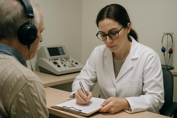 precise audiologist exam, detailed, taking notes on a clipboard, photorealistic, sparse office with a simple desk and diagnostic equipment, highly detailed, the quiet scratching of a pen, focus on the technician, soft beige tones, cool fluorescent lighting, shot with a 70-200mm telephoto lens.