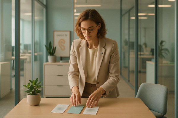 stylish audiologist office, contemporary, arranging leaflets on a table, photorealistic, modern office with glass partitions, highly detailed, distant sound of phones ringing, symmetrical composition, stylish pastels and clean whites, soft afternoon lighting, shot with a 50mm lens.