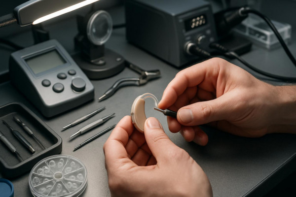 well-equipped audiologist tools, comprehensive, a technician adjusting a hearing aid, photorealistic, a workbench full of specialized equipment, highly detailed, subtle mechanical clicks, minute details in focus, steely grays and bright whites, task lighting, shot with a 100mm macro lens.