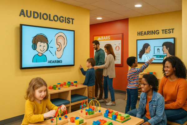 family-friendly audiologist clinic, inclusive, parents and children looking at displays, photorealistic, play area with educational toys and benches, highly detailed, lively chatter, depth in field showcasing clinic space, cheerful yellows and reds, bright overhead lighting, shot with a 35mm lens.