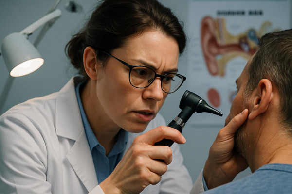 concentrated audiologist exam, analytical, using otoscope in a patient's ear, photorealistic, examination room with diagrams of the human ear, highly detailed, soft murmuring under tone, close-up on medical technique, clean whites and subtle blues, directed task lamp lighting, shot with a 85mm lens.