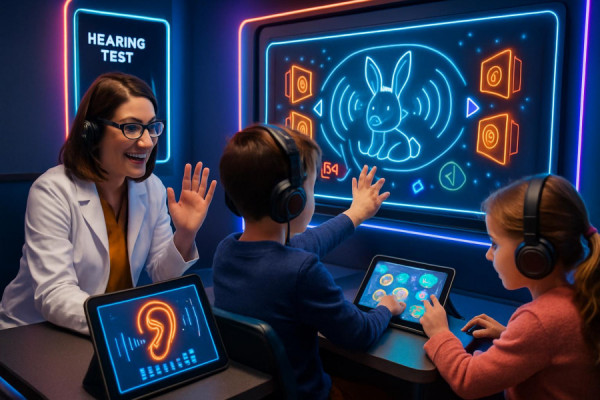 interactive audiologist hearing appointment, engaging, kids using technology-assisted games, photorealistic, room with touch displays and educational tablets, highly detailed, digital sound effects, animated viewing angles, vibrant neons and chromes, neon accent lighting, shot with a 24mm wide-angle lens.