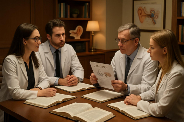 professional audiologist office, sophisticated, team discussing case study, photorealistic, a well-furnished space with conference table and medical journals, highly detailed, soft intellectual hum, balanced composition through lens, warm golds and browns, even side lighting, shot with a 50mm lens.