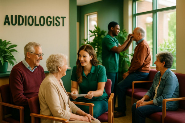 vibrant audiologist clinic, bustling, staff assisting patients, photorealistic, clinic entryway with branding and lounge seats, highly detailed, soft background laughter, sharp focus, vibrant greens and muted burgundies, natural light flooding in, shot with a 50mm lens.
