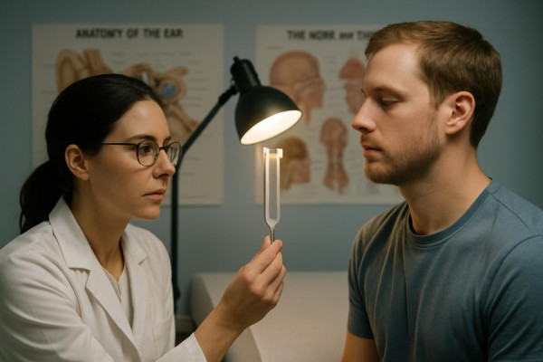 attentive audiologist exam, methodical, using a tuning fork, photorealistic, examination table with otolaryngology posters, highly detailed, gentle resonant sound, sharp on the instrument, soft white and muted blue, direct desk lamp lighting, shot with a 85mm prime lens.