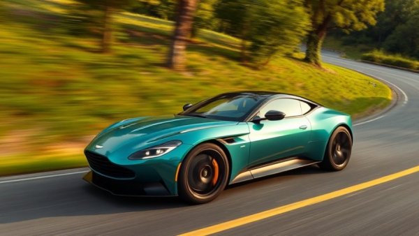 2026 Aston Martin Valhalla speeding on a scenic road with lush hills