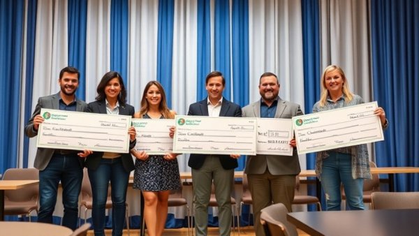 Award ceremony with winners holding checks for automotive amplifiers contest.