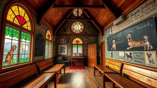Interior of Dog Chapel at Dog Mountain Vermont, vibrant photos and stained glass.