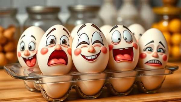 Expressive eggs illustrating emotions, photorealistic kitchen scene.