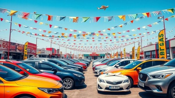 Used car dealership with festive sale banners, March 2026 price increase context.