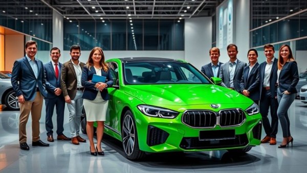 Dealership excellence team with green luxury car indoors.