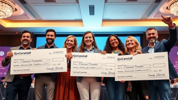 Group celebrating on stage with large checks at automotive amplifiers contest