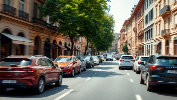 Dynamic street scene in European city showcasing cars and historic architecture.