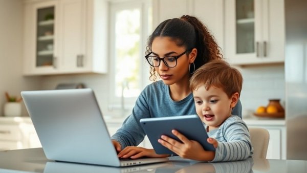 Mother calculating medical bills on laptop while child plays, bright kitchen.