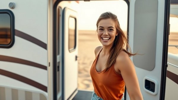 Young woman enjoying RV rental on a sandy landscape