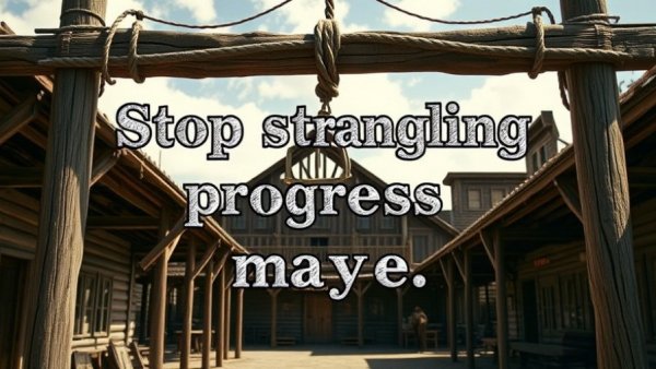 Gallows with message 'Stop strangling progress with maybe,' symbolizing dealership management.