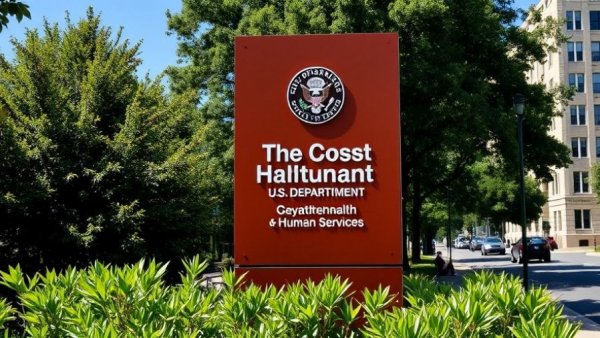 U.S. Department of Health and Human Services sign on a sunny day, greenery.