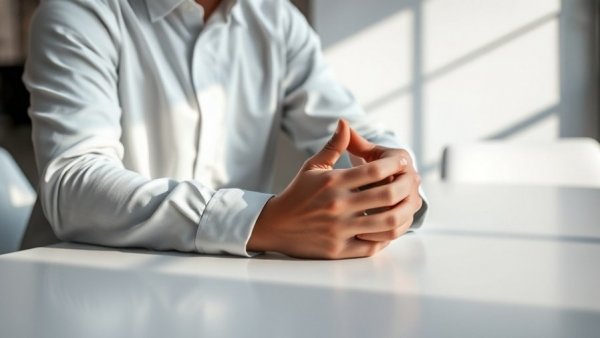 Person in black and white shirt with clasped hands at a table, automotive finance services.
