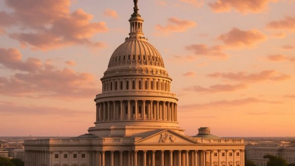 Majestic Capitol dome at sunset with colorful sky.