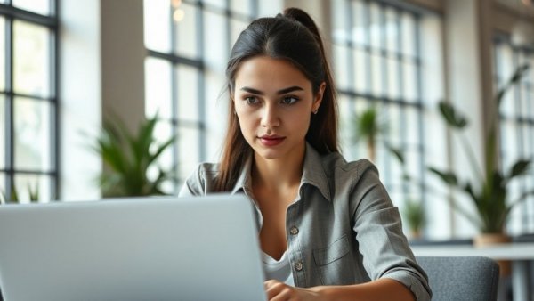 Young woman working on laptop in modern office, workplace dynamics.