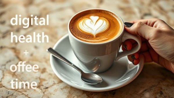 Close-up of a cappuccino cup with 'digital health coffee time' text.