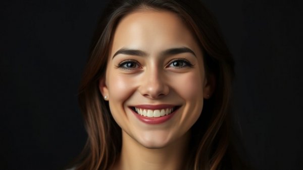Portrait of a smiling woman in soft lighting against a dark background.