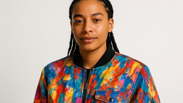 Modern portrait of person with braided hairstyle and artistic jacket.