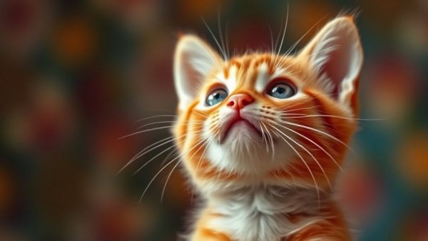 Curious orange kitten looking up, embodying curiosity.