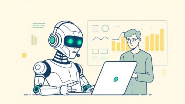 AI sales agent technology: robot and human analyzing data.
