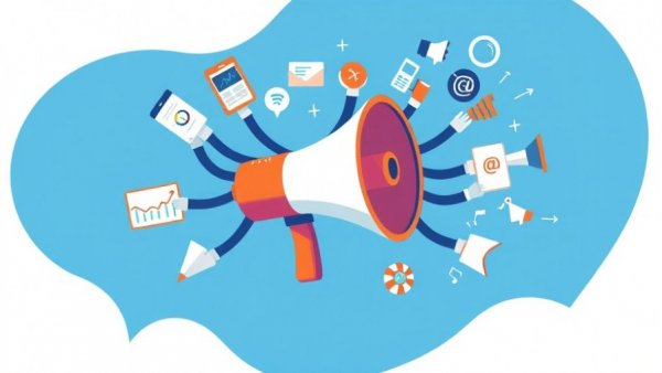 Creative multi-channel marketing illustration with a megaphone and various tools for dealerships.