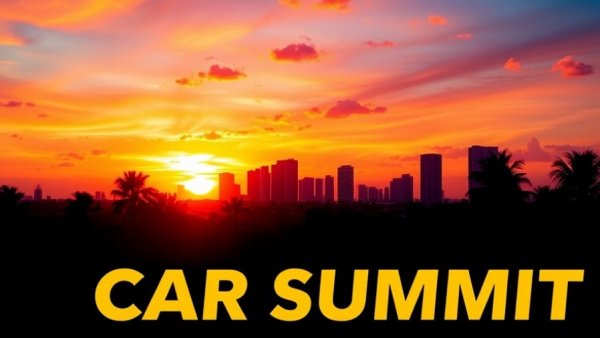 Used Car Summit Strategies event poster with sunset and skyline.