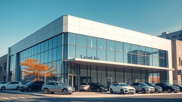 Modern car dealership building with luxury branding.