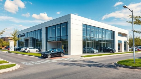 Car dealership exterior with sleek design linked to used car financing rates.
