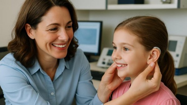 Smiling woman helping girl with hearing aids, Oticon Hearing Foundation scholarships.