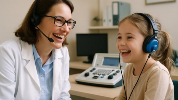 Audiologist supports future audiologist as they conduct a hearing test.
