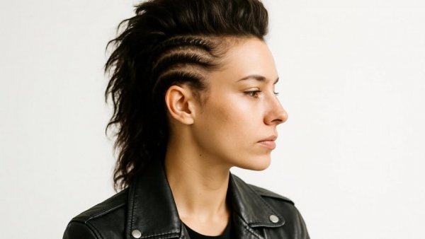 Stylish woman with mohawk and braids, showcasing unique hairstyle.