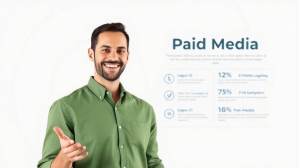 Smiling man with paid media strategies infographic.