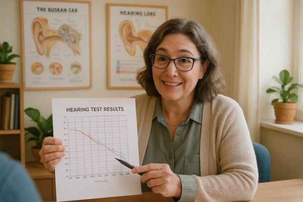 friendly Connecticut audiologist, attentive expression, explaining hearing test results, photorealistic, in a cozy and inviting consultation space, highly detailed, medical charts and diagrams present, focus on clarity, soft pastel shades, natural light, shot with a 50mm camera lens.