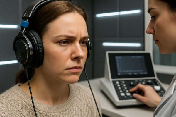 technical hearing testing procedure, focused expression, evaluating hearing capabilities, photorealistic, inside a sleek modern audiology clinic, highly detailed, patient wearing headphones, intricate patterns, sharp contrasts, LED lighting, shot with a macro lens.
