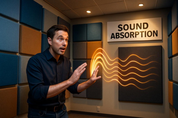 Connecticut acoustics demonstration, engaged expression, showcasing sound absorption, photorealistic, in a well-designed acoustic room with panels, highly detailed, sound waves illustrated, vibrant colors, ambient light, shot with a wide-angle lens.