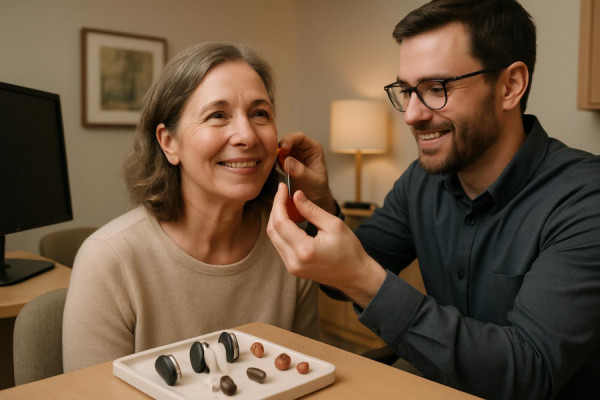 interactive hearing aid fitting, satisfied expression, customizing earpiece, photorealistic, in a comfortable patient room, highly detailed, various models on display, warm and muted colors, diffuse lighting, shot with a 24mm lens.