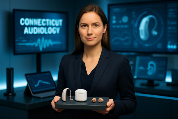 Connecticut audiology technology showcase, confident expression, presenting latest devices, photorealistic, within a technologically advanced space, highly detailed, gadgets and screens active, cool and modern hues, studio lighting, shot with a 85mm lens.