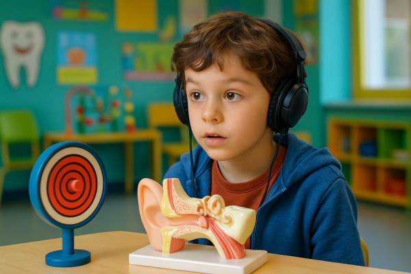 engaged young patient, curious expression, experiencing sound demo, photorealistic, in a colorful and interactive children-friendly clinic area, highly detailed, educational props in use, lively and bright shades, daylight lighting, shot with a 50mm lens.