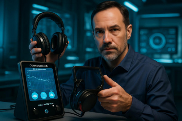 innovative Connecticut audiometry tools, professional expression, demonstrating equipment use, photorealistic, in a futuristic lab setting, highly detailed, screens and interface glowing, slick color contrasts, accent lighting, shot with a macro lens.