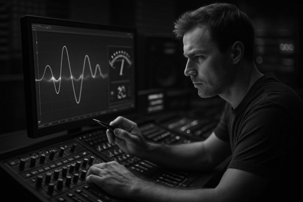 dynamic sound calibration process, analytical expression, fine-tuning instruments, photorealistic, in a sound engineering suite, highly detailed, sound waves and decibel meters, monochromatic theme, precision lighting, shot with a tilt-shift lens.