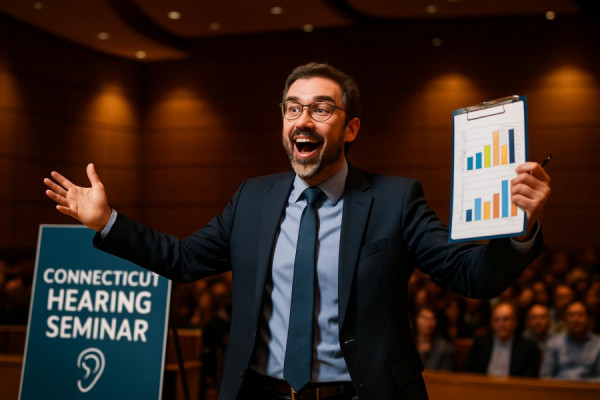 Connecticut hearing seminar, enthusiastic expression, engaging an audience, photorealistic, in a spacious auditorium with cutting-edge acoustics, highly detailed, seminar materials highlighted, rich and vibrant tones, spotlight illumination, shot with a 135mm lens.