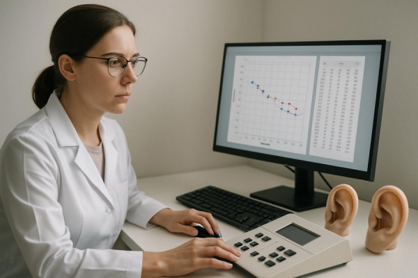 dedicated specialist during hearing test, concentrated expression, observing results data, photorealistic, in a minimalist workstation, highly detailed, digital displays and ear models, calm and serene hues, neutral lighting, shot with a 70-200mm lens.