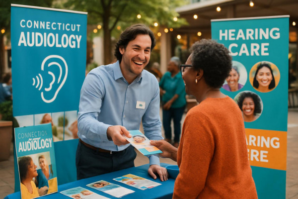 Connecticut audiology outreach event, joyful expression, interacting with community, photorealistic, in an open and inviting public space, highly detailed, promotional banners and brochures, cheerful and diverse colors, ambient lighting, shot with a 35mm lens.